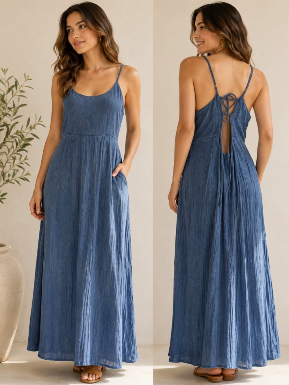 Blue Chambray Adjustable Strap Maxi Jumper Dress L Summer Garden Party Picnic
